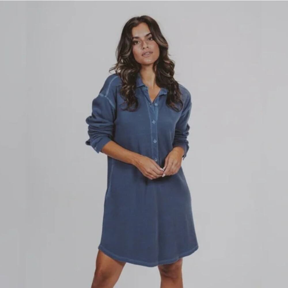 The Normal Brand Blue Henley Thermal Long Sleeve Shirt Dress Women's size XS